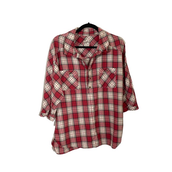 Haute Hippie Tops - HAUTE HIPPIE Red Plaid Henley Pullover Flannel Elbow Sleeve Top